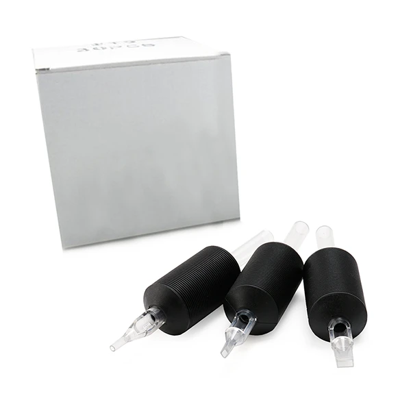 disposable black tattoo tubes in front of white box