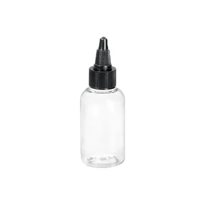 2 ounce empty clear bottle with black twist top lid