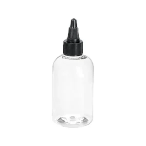 4 ounce empty clear bottle with black twist top lid