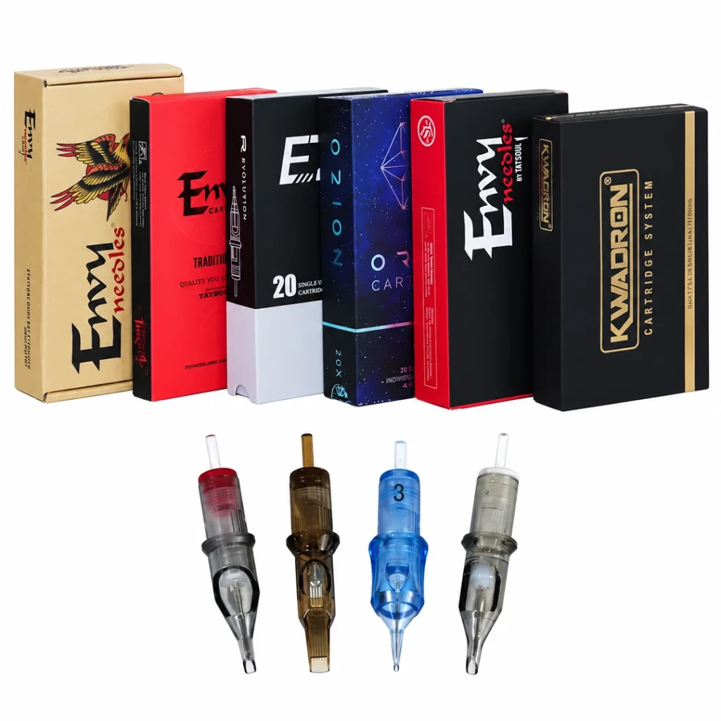row of tattoo needle and cartridge boxes